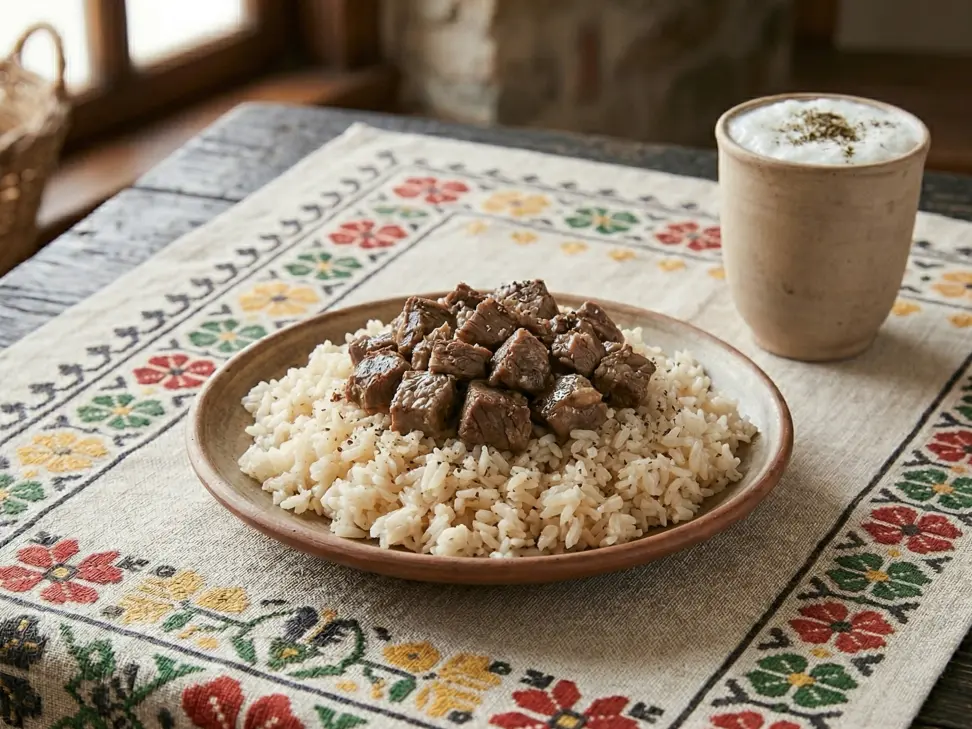 Geleneksel balkan motifli masa örtüsü üzerinde Bandırma meşhur bol malzemeli kavurmalı pilavı ve ayran.