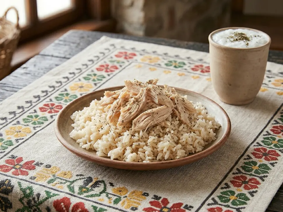 Geleneksel balkan motifli masa örtüsü üzerinde Bandırma meşhur tavuklu pilavı ve ayran.